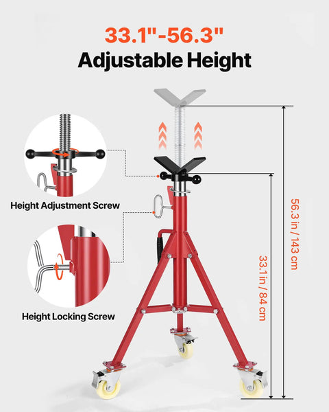 Heavy Duty Pipe Stand With Casters, Adjustable Height From 28 To 52 Inches, V Head Supports Pipes From One Eighth To Twelve Inches, Folding Portable Steel Stand With 882 Lb Capacity