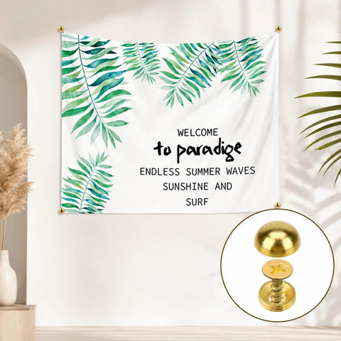Hella Durable Gold Brass Decorative Screws With Rust Resistant Caps For Super Easy Furniture Upholstery And Mirror Mounting Pretty Slick Retro Hardware That Truly Stands Out on a decorative wall hanging.