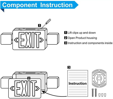 Component instruction for 2 Pack LED Exit Sign With Battery Backup And Emergency Lighting UL 924 120 277 VAC Dual Adjustable Head Lights