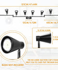 Diagram of Dope Flexible Track Lighting Fixture With Foldable Arm And Eight Adjustable GU10 Heads, dimensions labeled, bulbs not included.