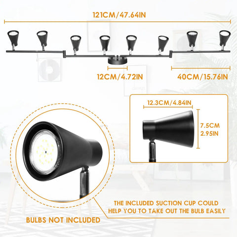 Diagram of Dope Flexible Track Lighting Fixture With Foldable Arm And Eight Adjustable GU10 Heads, dimensions labeled, bulbs not included.