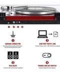 Cool Red Belt Drive Turntable For Vinyl Records With Bluetooth Output Connection features USB port, RCA jacks, and ground connector for optimal audio.