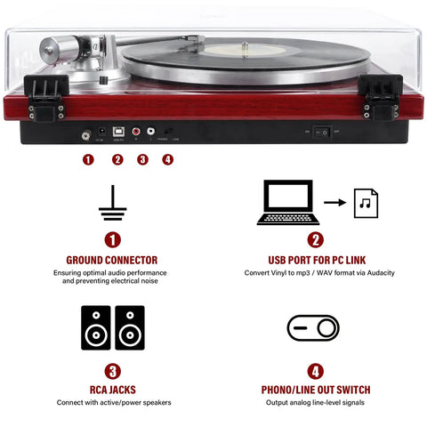 Cool Red Belt Drive Turntable For Vinyl Records With Bluetooth Output Connection features USB port, RCA jacks, and ground connector for optimal audio.