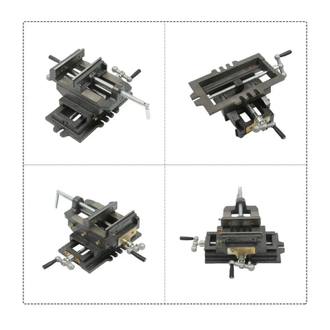 5 Inch Cross Slide Drill Press Vise For Metal Milling With Two Way X Y Movement Built Tough Heavy Duty Clamp Machine Black Finish Ideal For Precision Workpieces And Accurate Drilling, black iron vise shown from four angles