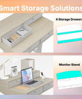 Storage feature of 32 By 20 Inch Electric Standing Desk With Four Drawers, Adjustable Height Sit Stand Home Office Desk With C Clamp Mount, Ergonomic Stand Up Desk, Four Preset Heights, Natural Finish.