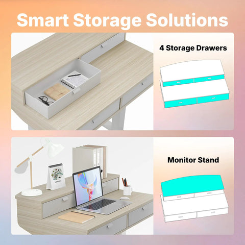 Storage feature of 32 By 20 Inch Electric Standing Desk With Four Drawers, Adjustable Height Sit Stand Home Office Desk With C Clamp Mount, Ergonomic Stand Up Desk, Four Preset Heights, Natural Finish.