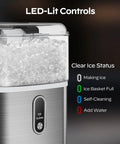 Countertop Nugget Ice Maker with LED Indicator showing clear ice status and ice clean button, making soft pebble ice