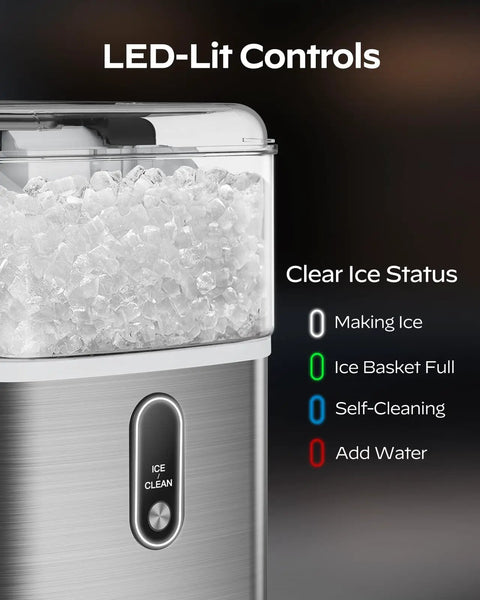 Countertop Nugget Ice Maker with LED Indicator showing clear ice status and ice clean button, making soft pebble ice