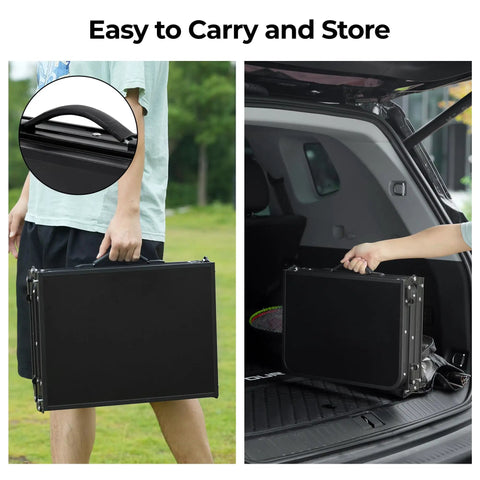 Person carrying foldable camping table with storage net aluminum portable table with three height settings up to 27.3 inches