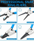 Four Pack CR-V Snap Ring Pliers Set Seven Inch Heavy Duty Internal And External Circlip Pliers with straight and bent jaws.