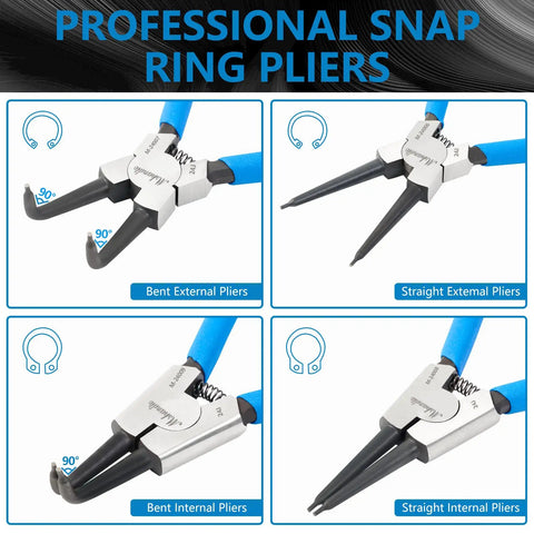 Four Pack CR-V Snap Ring Pliers Set Seven Inch Heavy Duty Internal And External Circlip Pliers with straight and bent jaws.