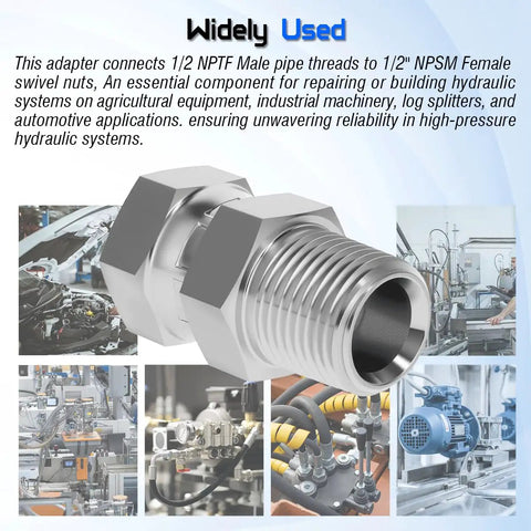 Hydraulic Swivel Adapter One Half Inch NPTF Male To One Half Inch NPSM Female 360 Degree Swivel Fitting For Hydraulic Lines High Flow Easy Install Durable Precision Engineered Connector, chrome finish