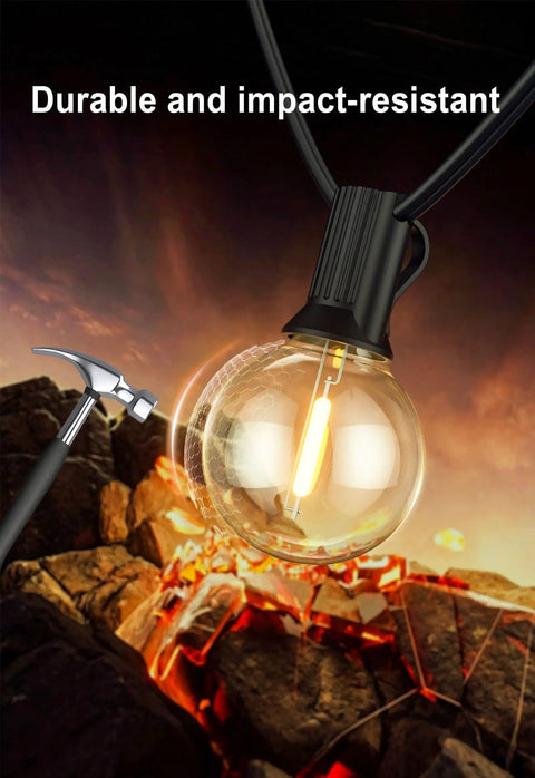 Outdoor String Lights 50 Ft Weatherproof With 27 Vintage Shatterproof LED Edison Bulbs hammer test with glowing bulb