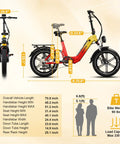 Dimensions and specifications of Foldable Electric Bike For Adults With 7 Speed 20x4 Fat Tires 1500W Peak, shown in diagram form.