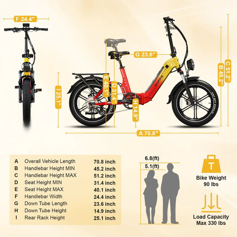 Dimensions and specifications of Foldable Electric Bike For Adults With 7 Speed 20x4 Fat Tires 1500W Peak, shown in diagram form.