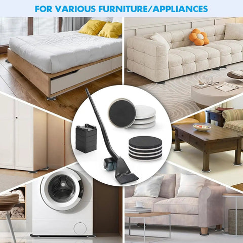 Image showcasing Super Easy Heavy Furniture Sliding Kit With Eight Premium Moving Pads And Ergonomic Lifter Tool For Sofa Fridge Machine Repositioning Without Strain for various furniture types.