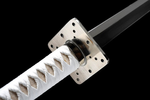 Close-up of tsuba and white grip on Beefy Full Tang Battle Ready Samurai Katana Sword With Black Finish Handmade 2960 Spring Steel Blade