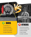 Comparison of wheel alignment tools showcasing ours vs others. Ours features heavy-duty design with imperial tape measure.