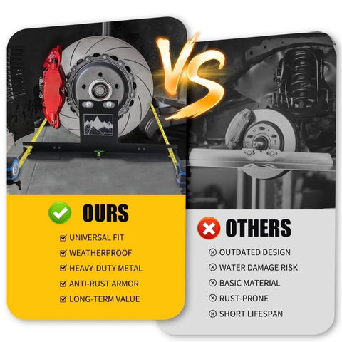 Comparison of wheel alignment tools showcasing ours vs others. Ours features heavy-duty design with imperial tape measure.