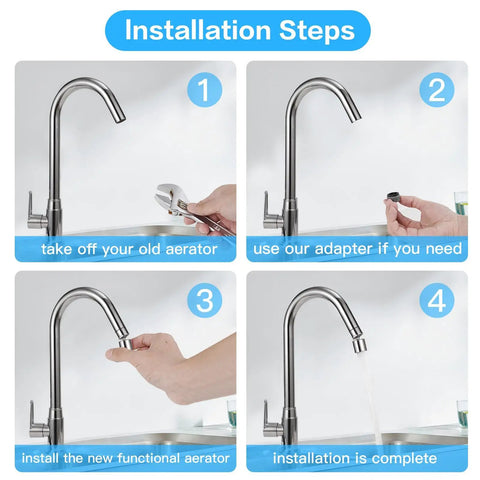 Installation steps for Smooth As Butter Kitchen Faucet Aerator Swivel Head Anti Splash Sink Filter with adapter use.