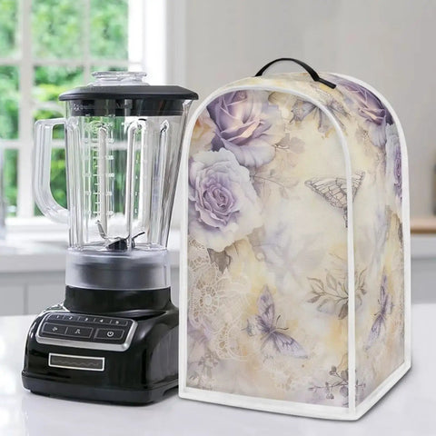 Watercolor Floral Blender And Stand Mixer Cover Protects Your No Fuss Home Kitchen Small Appliance From Dust Proof Fingerprints And Scratches Durable Polyester Protector Easy To Clean next to a standard black blender