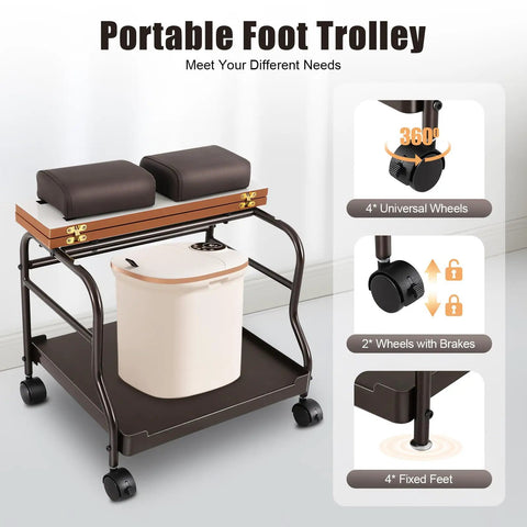 Top Shelf Foldable Two Tier Foot Bath Trolley With Smooth Swivel Casters And Integrated Manicure Station for Spa use with storage.