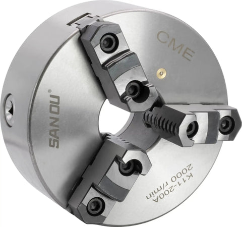 8 Inch 3 Jaw Self Centering Lathe Chuck With D1 6 Camlock Backing Plate Scroll Style Two Piece Reversible Jaws close-up view
