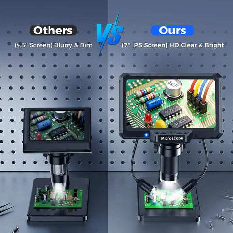 7 Inch LCD Digital Soldering Microscope With Remote And Side Lights High Clearance Stand For DIYers And Tweezers Access 1080P Live View, compared with 4.3-inch screen