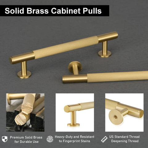 Top Shelf Solid Brass Cabinet Pulls With Slick Grooved Grip Design For No Sweat Installation. Close-up view showing premium brass construction.