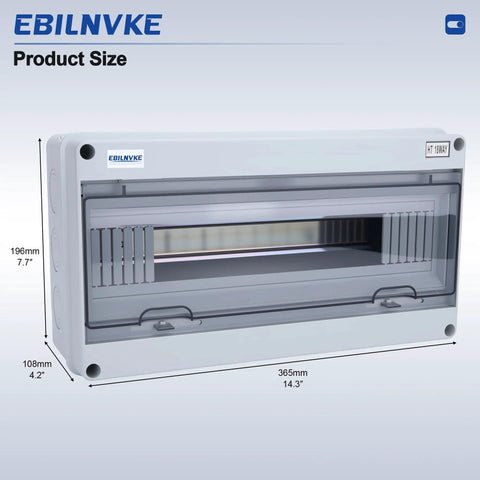 Rugged 18 Way Circuit Breaker Box With IP65 Waterproof Rating Features Transparent Window Cover For Easy Checks, size measurement shown. Dimensions: 196mm x 365mm.