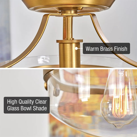 Close-up of modern industrial gold semi flush mount ceiling light with clear glass schoolhouse bowl shade and warm brass finish