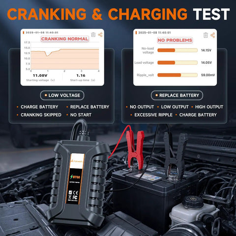 BT60 Bluetooth Battery Tester For 12V Vehicles 100 To 2000 CCA Load Tester With Wireless App Control IOS Pro Grade Smart Diagnostic Tool For Quick Daily Battery Checks. handheld tester with clamps on car battery