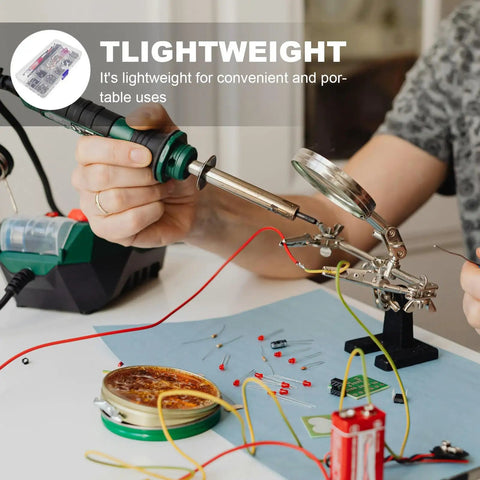 DIY electronics setup with soldering tools and components; 332 Piece Machine Screw Kit For Computer Fans And CD Drive Replacement