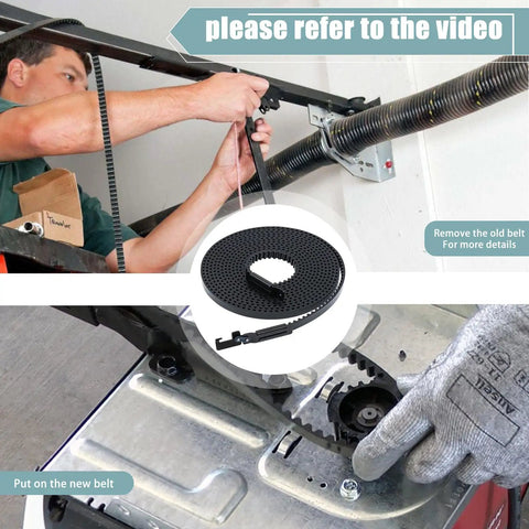 Installing a 234 Inch Garage Door Drive Belt for 7 Foot Doors with Chamberlain LiftMaster compatibility and old belt removal.