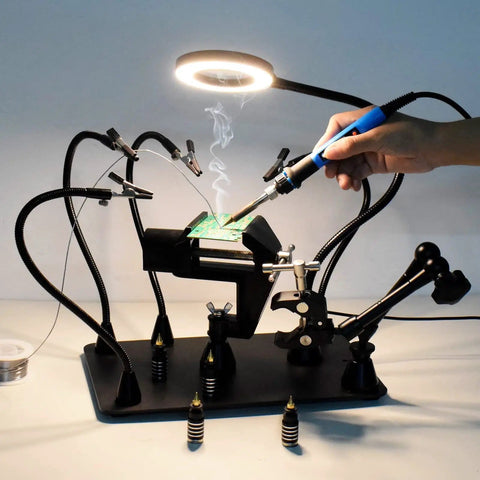 Heavy Duty Magnetic Soldering Third Hand With Three LED Magnifying Lamp And 360 Degree Hot Air Gun Holder in use on PCB