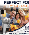 Eurolux 300W Industrial Strength Stainless Steel Electric Citrus Juicer Squeezer with family enjoying fresh juice.