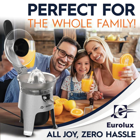 Eurolux 300W Industrial Strength Stainless Steel Electric Citrus Juicer Squeezer with family enjoying fresh juice.