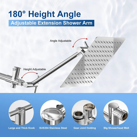 12 Inch High Pressure Rainfall Shower Head Handheld Combo with adjustable brass extension arm and stainless steel finish.