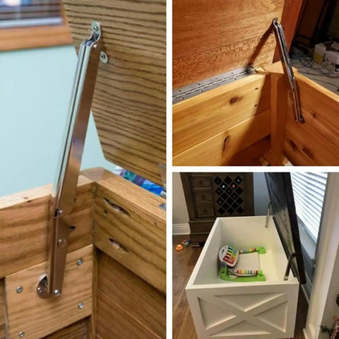 2 Pack 150N Gas Strut Hinges with No Slam Soft Close Hydraulic Support installed on wooden toy boxes and chests.