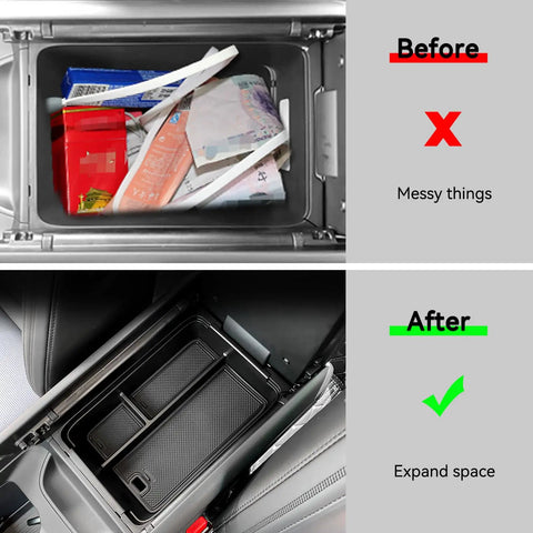 Armrest Box Storage Tray With PVC Mats For Hyundai Santa Fe 2024 2025 2026 Center Console Organizer before and after installation