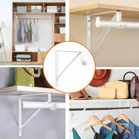 Rock Solid Heavy Duty Closet Shelf And Rod Brackets Wall Mounted Storage Supports Built Like A Tank For Sweet Home Setups in white, showcasing L shape design and functionality.