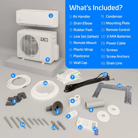 Heavy Hitter 24000 Btu Dual Zone Mini Split AC And Heat Pump System parts including air handler, condenser, remote control and installation accessories.