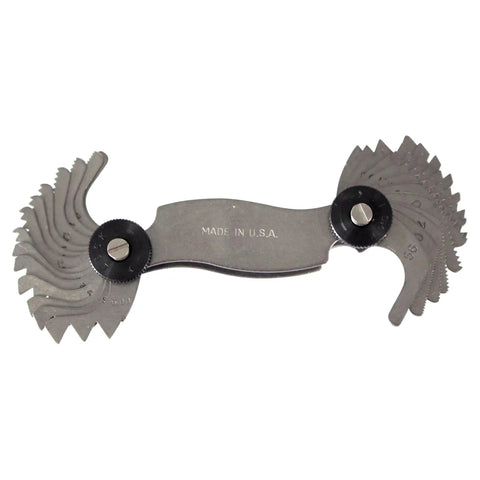 Dual Thread Pitch Gauge With 28 Leaves 4 To 56 TPI And 0.50 To 6.0 Millimeter Pitch English And Metric Thread Gage Tool In Precision Steel.