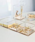 Premium Acrylic And Gold Base Note Holder And Paper Clip Organizer For Desk Cube Memo Pad 3 Compartments Modern Desk Organizer