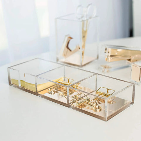 Premium Acrylic And Gold Base Note Holder And Paper Clip Organizer For Desk Cube Memo Pad 3 Compartments Modern Desk Organizer