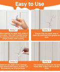 Instructions for using wood repair product, showing four steps for application on damaged wood surfaces, focus on cracks.
