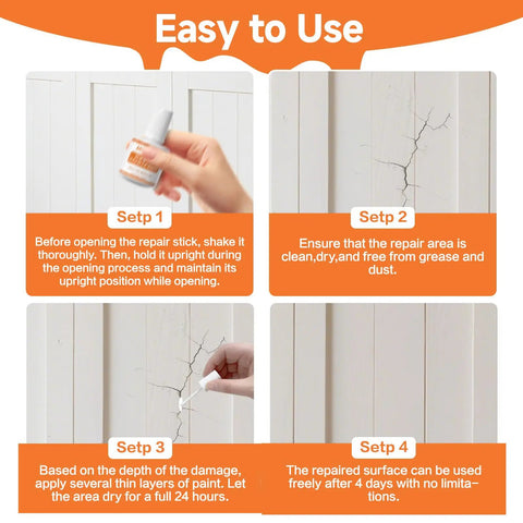 Instructions for using wood repair product, showing four steps for application on damaged wood surfaces, focus on cracks.