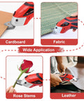 Totally Rad Toolspace Cordless Electric Scissors With Dual Blades For Cutting Cardboard And Fabric Featuring 4V Lithium-Ion Battery, Lightweight Design, Fast Charging, And Easy Carry Portability To Boost Your Crafting Game cutting through cardboard, fabric, rose stems, and leather.