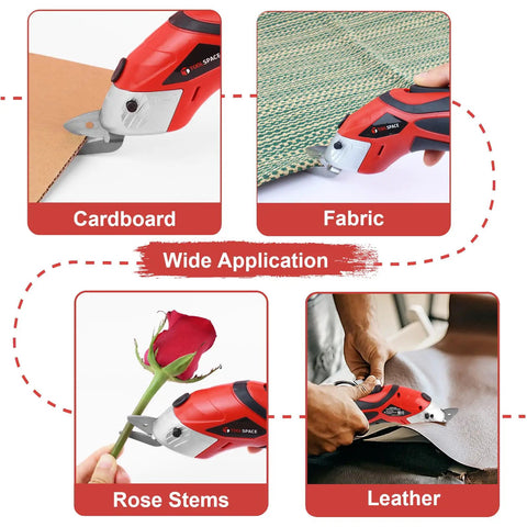 Totally Rad Toolspace Cordless Electric Scissors With Dual Blades For Cutting Cardboard And Fabric Featuring 4V Lithium-Ion Battery, Lightweight Design, Fast Charging, And Easy Carry Portability To Boost Your Crafting Game cutting through cardboard, fabric, rose stems, and leather.