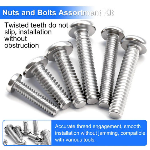 Heavy Duty Stainless Steel Screws And Nuts Assortment Kit, 333 Piece Phillips Pan Head Bolt Set With Washers showing various sizes of screws.